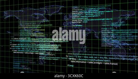 Displaying dotted world map outline with glowing nodes and code snippets over neon grid interface Stock Photo