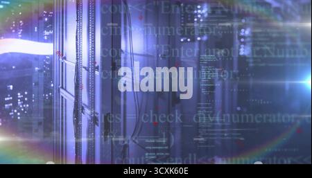 Casting glow server rack shimmering in data center corridor, with network cables and code overlay Stock Photo