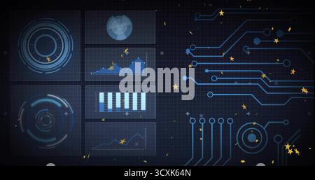 Displaying UI panels showing charts and gauges on dark grid, with circuit lines, sparks, copy space Stock Photo