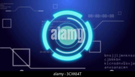 Displaying glowing circular HUD interface in digital environment, including timer, code snippets Stock Photo