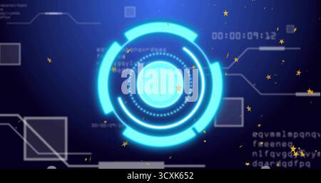 Displaying neon-blue HUD ring rotating on blue backdrop, showing stars, timer, UI outlines, code Stock Photo