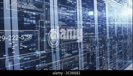 Projecting data overlays and illuminating racks with blinking LEDs and cabling in data center room Stock Photo