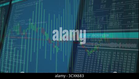 Displaying monitors showing encryption status bar, hex dump and chart in tech workspace, copy space Stock Photo