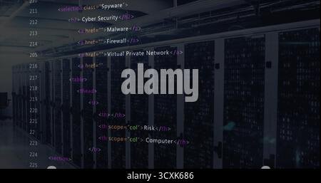 Displaying HTML code overlay floating across data center corridor, with black server racks Stock Photo