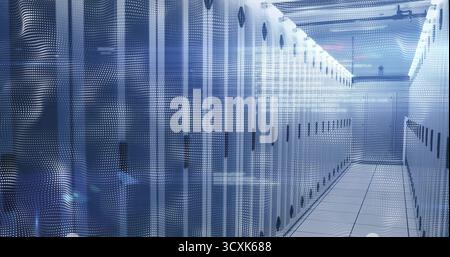 Displaying corridor flanking server cabinets in data center, with LED lights, cable trays, pipes Stock Photo