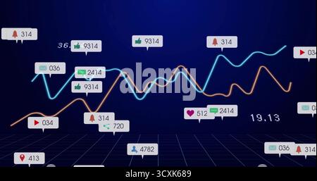 Displaying two fluctuating line graphs on digital dashboard grid floor, with social media icons Stock Photo