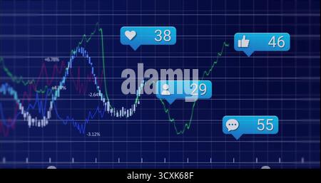 Displaying data line graph with colored lines and social media notification bubbles on blue grid Stock Photo