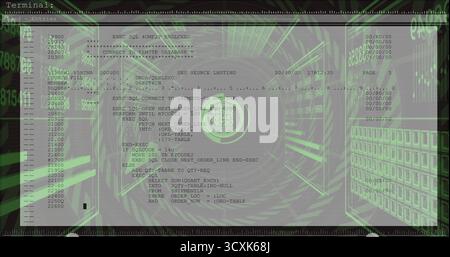Displaying terminal window showing SQL code in green wireframe tunnel, with floating numeric panels Stock Photo