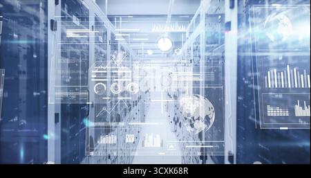 Displaying rack lined corridor featuring LED indicators in data center, with digital analytics Stock Photo