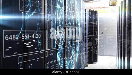 Illuminating central server racks showing network graphs in data center aisle, with cable trays Stock Photo