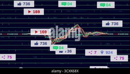 Displaying dashboard showing multi-colored line graph over neon grid on screen, with social icons Stock Photo