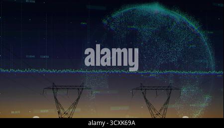 Displaying two towers carrying lines in transmission corridor, with point cloud globe, data graph Stock Photo