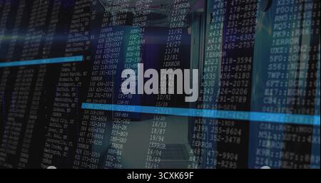 Extending central server racks lining data center corridor, with superimposed code overlay Stock Photo