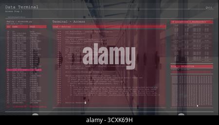 Displaying computer terminal interface overlaying marble-floored corridor, with IP passphrase panel Stock Photo