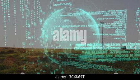 Floating semi-transparent wireframe globe hovering over grassy meadow, with neon-green code streams Stock Photo