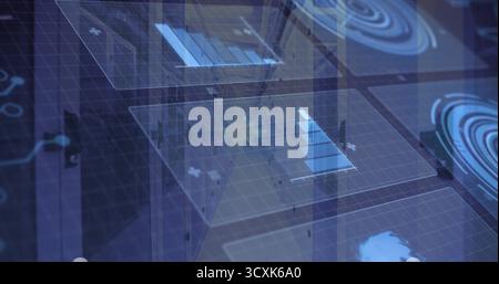 Projecting UI panels displaying bar charts over racks in server room, with node icons, grid overlay Stock Photo