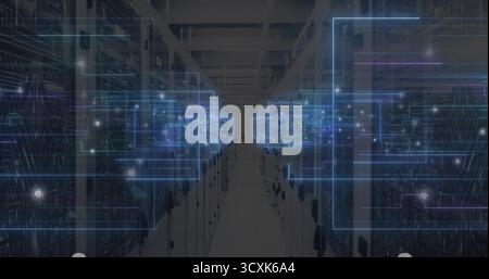 Displaying aisle between server racks in data center, with cable panels, LEDs, holographic overlays Stock Photo