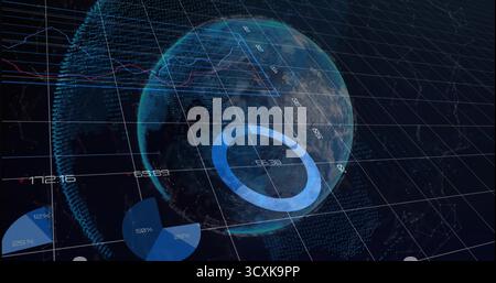 Displaying 3D globe in data display with grid overlay, ring or pie charts, line graphs, numeric labe Stock Photo