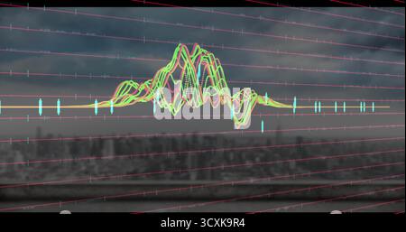 Displaying waveform over skyline at dusk, with pink gridlines, multicolored curves, turquoise bars Stock Photo
