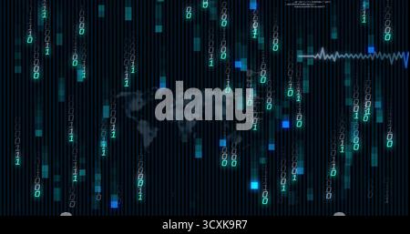 Cascading binary digits streaming over interface, map silhouette, glowing pixels, pulse waveform Stock Photo