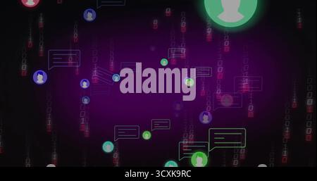 Floating user avatars and chat bubbles hovering in interface, with binary code streams Stock Photo