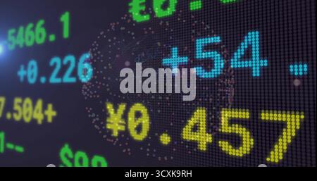 Displaying LCD monitor showing market data in trading room with yen figures and dotted world map Stock Photo