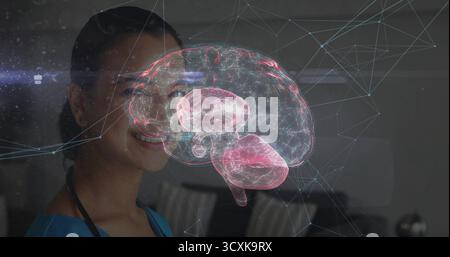 Observing doctor interacting with holographic brain in research lab, with stethoscope, copy space Stock Photo