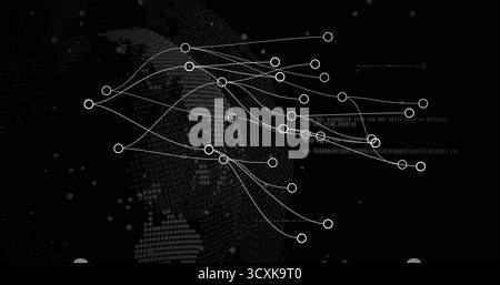 Displaying digital network at virtual interface, featuring dotted globe, white nodes, curved lines Stock Photo