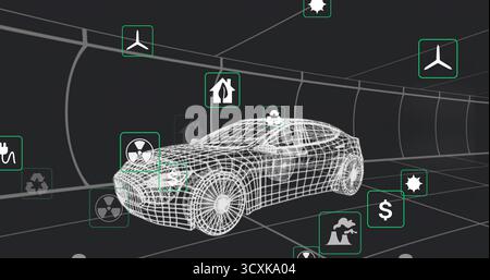 Displaying wireframe sedan model within grid-lined tunnel, with floating green energy icons Stock Photo