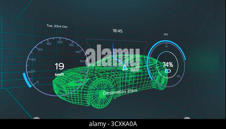 Displaying neon green wireframe car model in grid chamber with system gauges and navigation arrow Stock Photo
