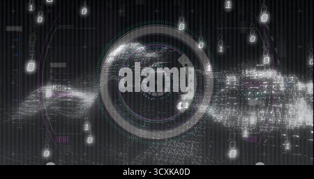 Streaming lens showing binary digits over grid-like code in digital scene, with rings and particles Stock Photo