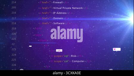 Displaying code snippet showing anchor tags and headers in editor with cosmic backdrop, copy space Stock Photo