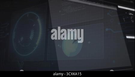 Displaying circular gauge on angled screens in control room, pie-chart, code overlay, copy space Stock Photo