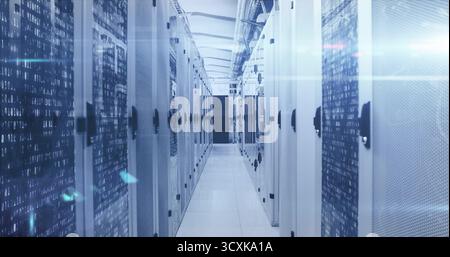 Blinking server rack LEDs lining data center corridor with cable trays, raised tiles and vents Stock Photo