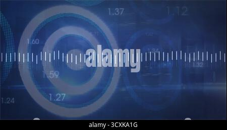 Displaying white bar with ticks spanning dark blue interface, with circle overlays, numeric labels Stock Photo