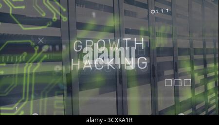 Projecting GROWTH HACKING text floating across server corridor, with racks and binary digits Stock Photo