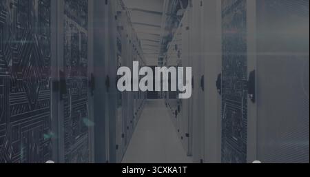 Displaying server room corridor running between server cabinets with patch cables and glowing LEDs Stock Photo