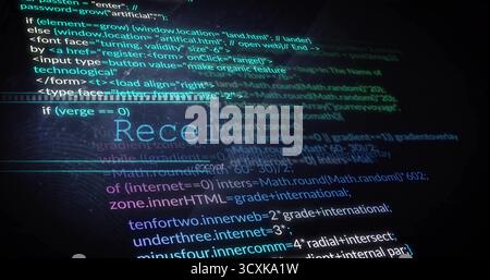 Displaying syntax-highlighted code editor on office desk, with computer monitor and Rece1 overlay Stock Photo