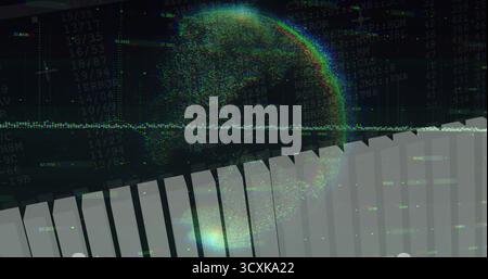 Displaying central point-cloud globe on interface with numeric overlay, waveform, bar chart Stock Photo