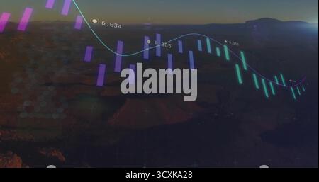 Displaying overlay during desert dusk, with purple teal bars, blue trend line and numeric markers Stock Photo