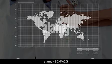 Displaying white coat doctors studying world map on transparent display in lab, with stethoscopes Stock Photo
