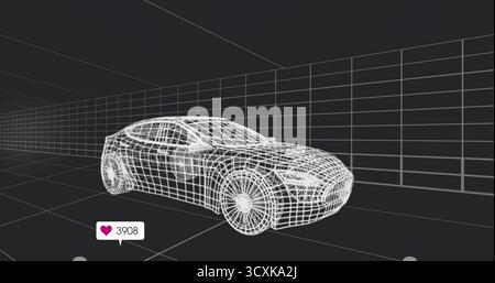 Floating wireframe coupe hovering in virtual studio, with grid walls and heart-icon counter 3908 Stock Photo