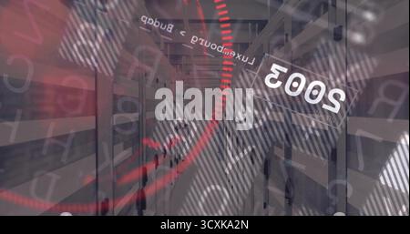 Showing server rack corridor in data center, displaying red data arcs and blinking LEDs Stock Photo