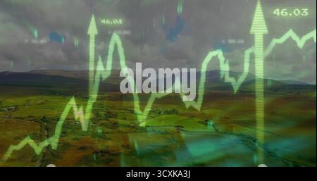 Displaying neon financial chart with numeric labels and arrows spanning valley under overcast sky Stock Photo