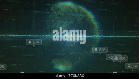 Displaying dotted globe rotating in dark tech dashboard, featuring waveform and icons with counters Stock Photo