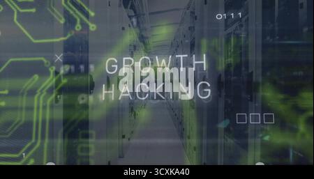 Displaying server racks in server room, with green circuit  and  code overlays, growth hacking text Stock Photo