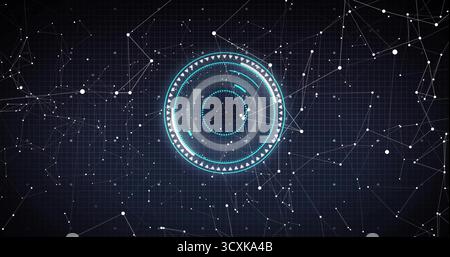 Displaying central HUD element with concentric circles over dark grid, connecting white nodes Stock Photo