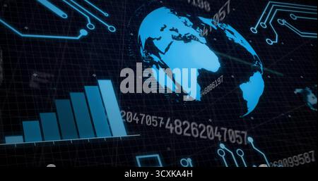 Displaying glowing blue 3D globe in grid UI, with rising bars, numeric sequences and circuit traces Stock Photo