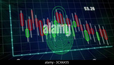 Displaying neon green fingerprint lock over 3D grid, showing red-green candlesticks and label 53 Stock Photo