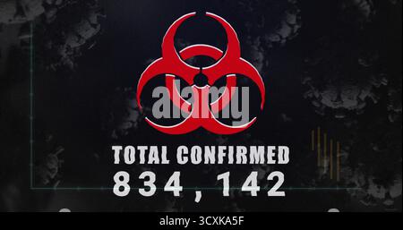 Displaying biohazard icon with TOTAL CONFIRMED 834,142 on screen with virus silhouettes, gold bars Stock Photo